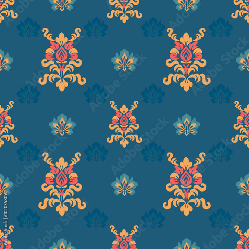 kat  floral pattern hand drawn on Sea blue tone, Motif ethnic  floral seamless textil,  embroidery, print striped ornament floral, pattern, design for wrapping, silk, scarf, background, textile