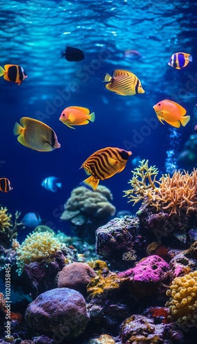 Vibrant Coral Reef Ecosystem. Underwater Colorful Fishes in Aquarium. Ocean Life Scene.