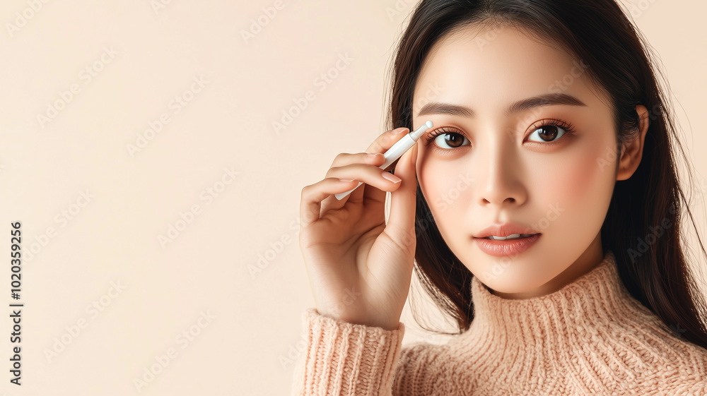 Medical Care with Asian Woman Using Eye Drops for Comfort. Medical Care with Asian Woman Using Eye Drops for Comfort.