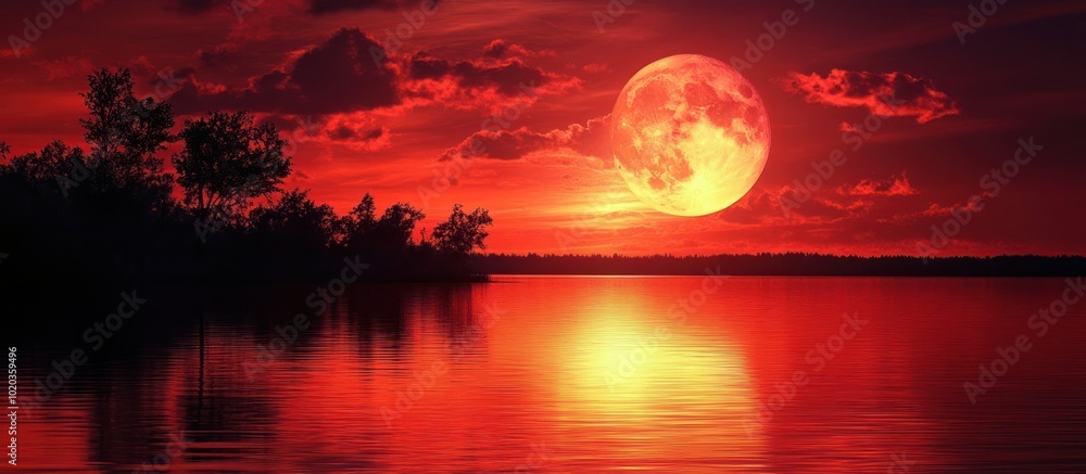 A full moon rises over a still lake with dark trees silhouetted against a red sky. A full moon rises over a still lake with dark trees silhouetted against a red sky.