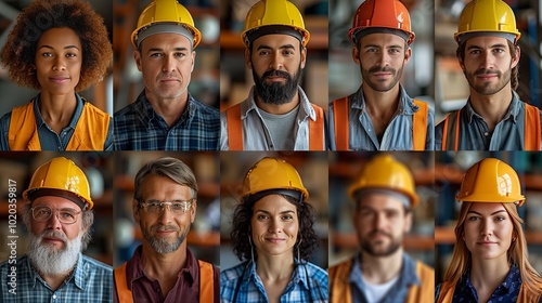 Diverse Group of Construction Workers in Safety Gear Posing Indoors at a Job Site