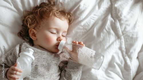 A baby sleeping and drinking milk from a bottle on a white background for documentation of precious moments as a toddler.