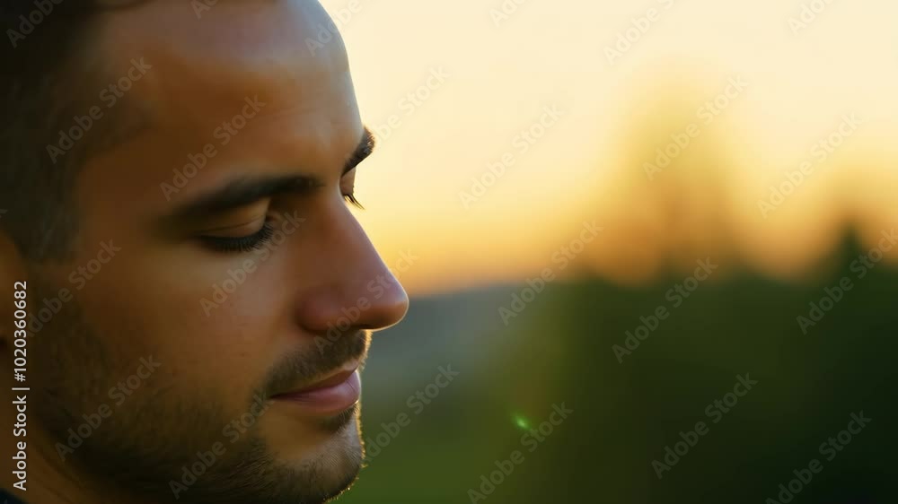 Peaceful contemplation at sunset: close-up of a man in tranquil outdoor setting Peaceful contemplation at sunset: close-up of a man in tranquil outdoor setting