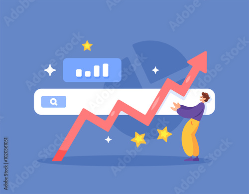 seo optimizer concept. popular search. doing research on trending things on the internet, keywords and SEO optimization. illustration of a man with a search bar and an arrow moving up. flat style