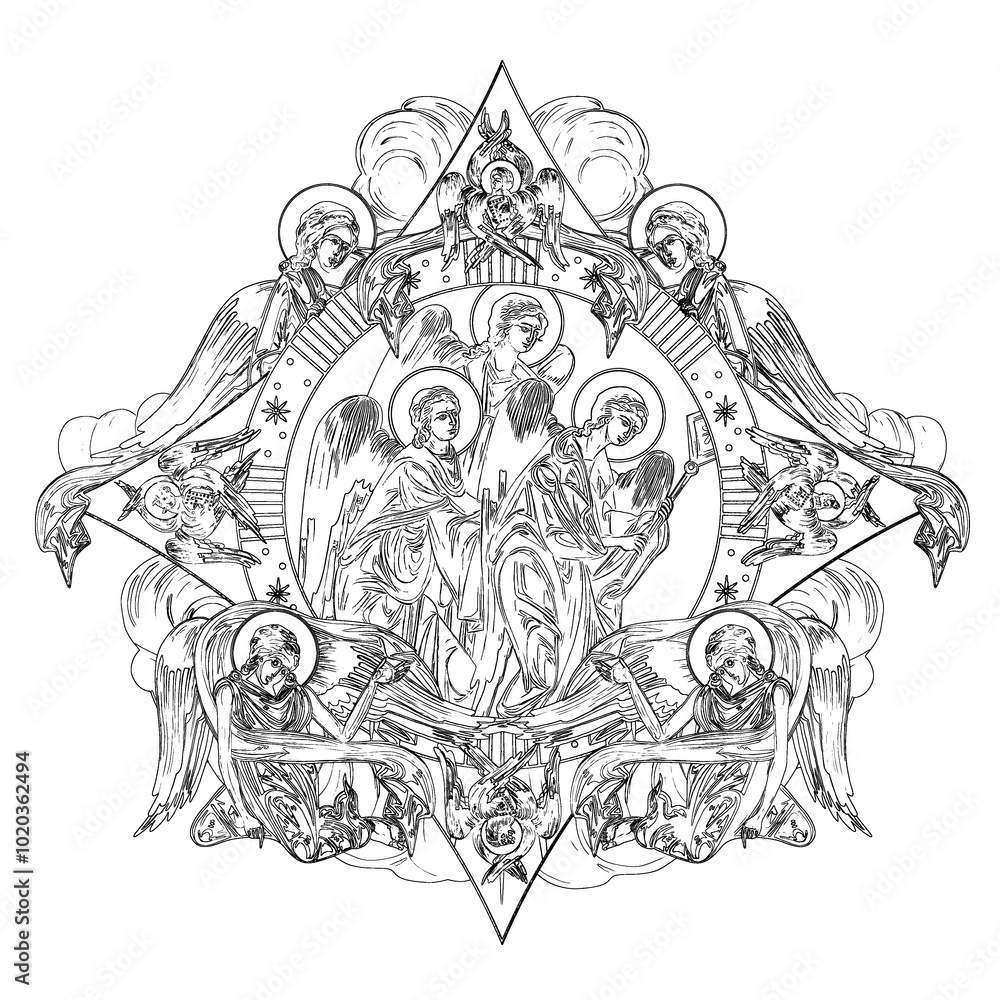 Religious dome with apostles and angels in sky. Coloring page in Byzantine style Religious dome with apostles and angels in sky. Coloring page in Byzantine style