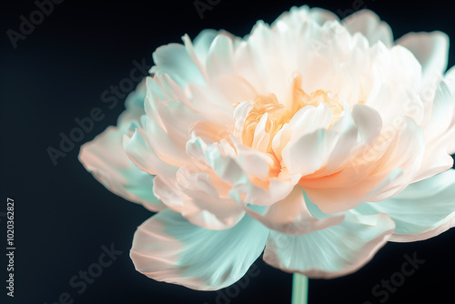 A stunning artificial flower radiates gentle pastel tones, showcasing intricate petal details while standing out strikingly against a dark background, symbolizing elegance and modern design