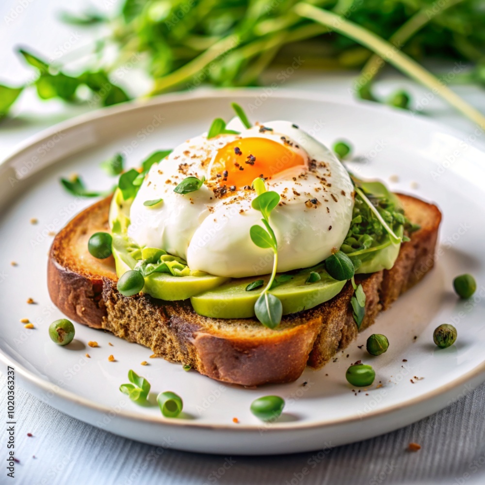 Beautifully served poached egg on avocado toast on a white plate. Beautifully served poached egg on avocado toast on a white plate.