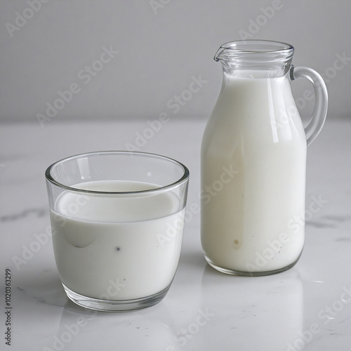 Glass cup and bottle of milk. Side view.