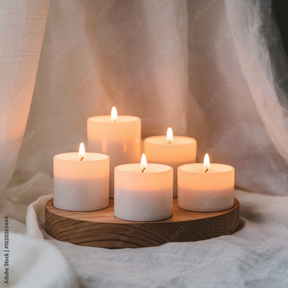 Serene Candles on Wooden Tray in Soft Lighting Serene Candles on Wooden Tray in Soft Lighting