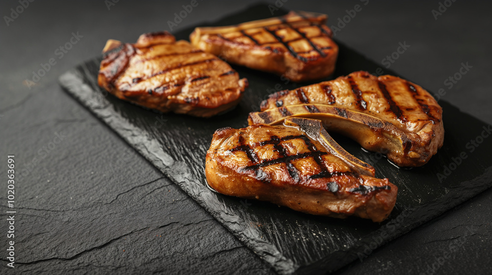 Grilled pork chops with char marks and fresh herbs on a rustic wooden board, tender and juicy meat, gourmet barbecue dish, perfect for summer grilling Grilled pork chops with char marks and fresh herbs on a rustic wooden board, tender and juicy meat, gourmet barbecue dish, perfect for summer grilling