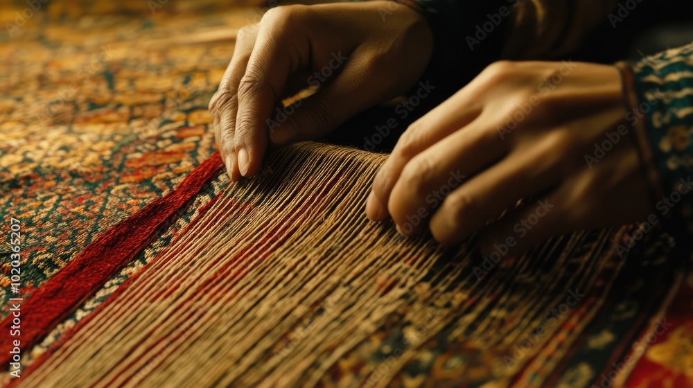 Close-up of a weaver hands carefully weaving Thai silk, focusing on the intricate hand-woven patterns and the delicate craftsmanship Close-up of a weaver hands carefully weaving Thai silk, focusing on the intricate hand-woven patterns and the delicate craftsmanship