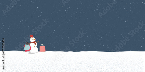 Snowman with shopping bags in Christmas eve at minimalist snowscape graphic illustration have blank space. Merry Christmas greeting card template.