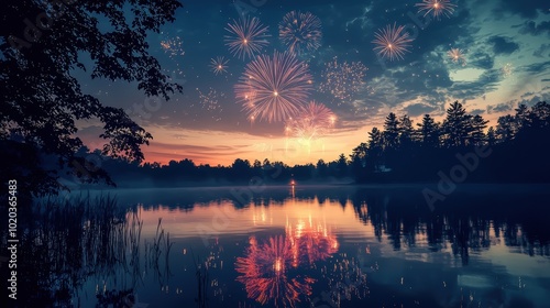 Midnight Fireworks Reflected on Calm Lake