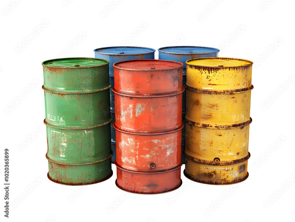 Rusty Metal Oil Barrels in Various Colors Industrial Storage Rusty Metal Oil Barrels in Various Colors Industrial Storage