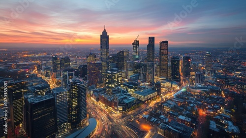  vibrant city skyline at dusk, with twinkling lights and busy streets, capturing the essence of urban life