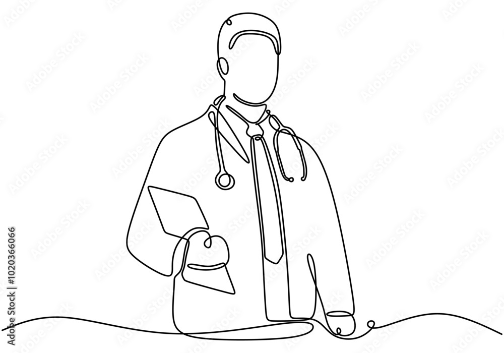 Doctor Holding Book with Stethoscope Line Art. Healthcare concept, continuous line drawing of a medical professional. Doctor Holding Book with Stethoscope Line Art. Healthcare concept, continuous line drawing of a medical professional.