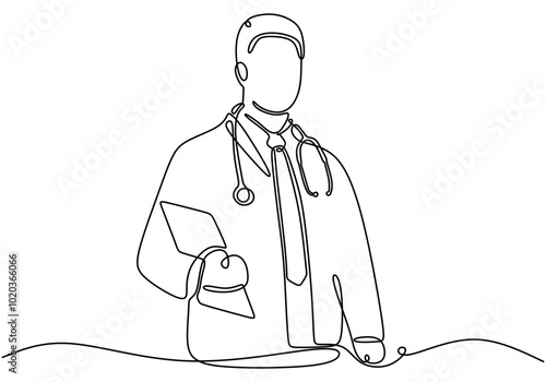 Doctor Holding Book with Stethoscope Line Art. Healthcare concept, continuous line drawing of a medical professional.