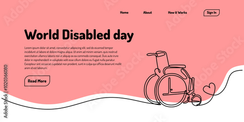 World Disabled Day Landing Page. Continuous line drawing of a wheelchair, healthcare concept.