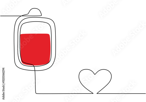 Blood Donation with Heart and Bag Line Drawing. Healthcare concept featuring a red blood bag and love symbol.
