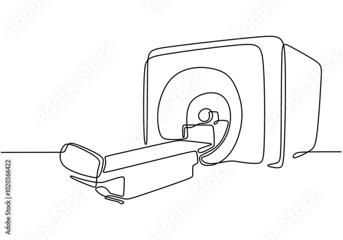 MRI Machine Continuous Line Drawing. Healthcare concept showing an MRI scanner, minimalist design.