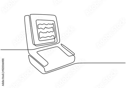 Electrocardiogram called ECG Machine Line Art. Continuous line drawing of an EKG device for healthcare themes.