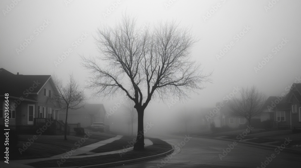 Naklejka premium A Foggy Street with a Lone Tree and Houses