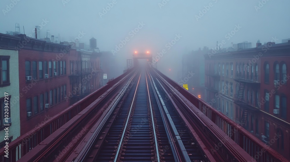 Fototapeta premium A Foggy Train Track Leading Through Urban Buildings