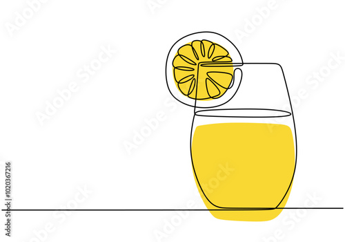 Lemon water in a glass continuous line drawing. Minimalist drink concept isolated on white background.