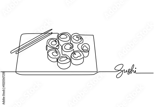 Japanese sushi roll continuous line drawing. Minimalist food art on white background.