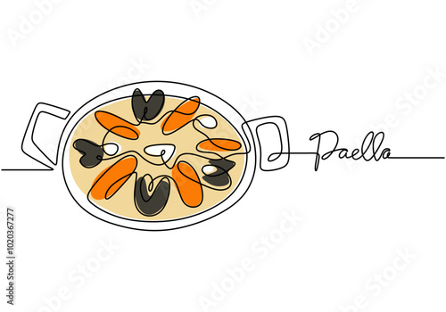 Continuous line drawing of paella. Spanish food concept illustration on white background.