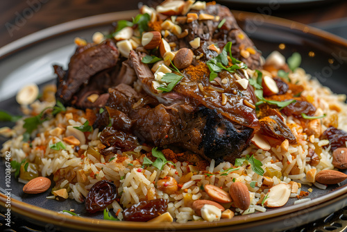 Traditional Arabic lamb ouzi with tender slow-cooked lamb on fragrant spiced rice with toasted almonds, cashews, and raisins photo