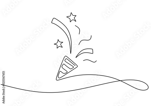 Continuous line drawing of a party popper. Illustration for party concept in minimalist design.