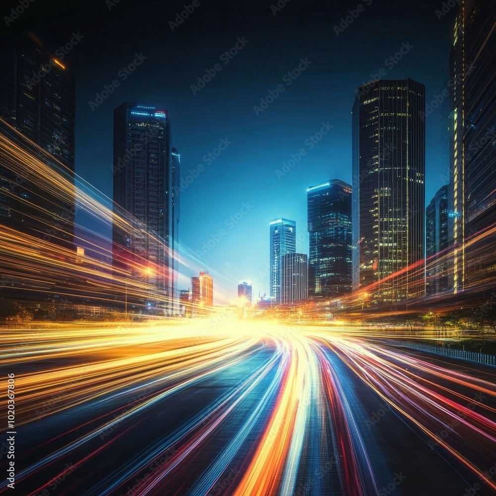 Urban Night Traffic Trails On Evening Highway, Cityscape Panorama View With Light Streaks From Cars Urban Night Traffic Trails On Evening Highway, Cityscape Panorama View With Light Streaks From Cars