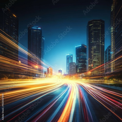 Urban Night Traffic Trails On Evening Highway, Cityscape Panorama View With Light Streaks From Cars photo