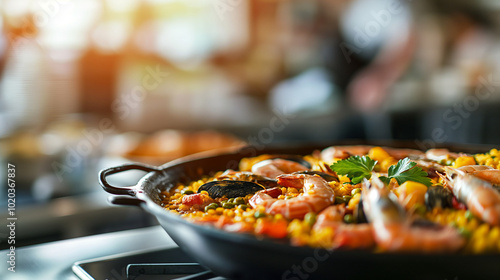 Close-up of sizzling paella with prawns and seafood in a modern kitchen. The vibrant mix of colors and steaming hot rice creates an appetizing look. Ideal for Spanish food enthusiasts.