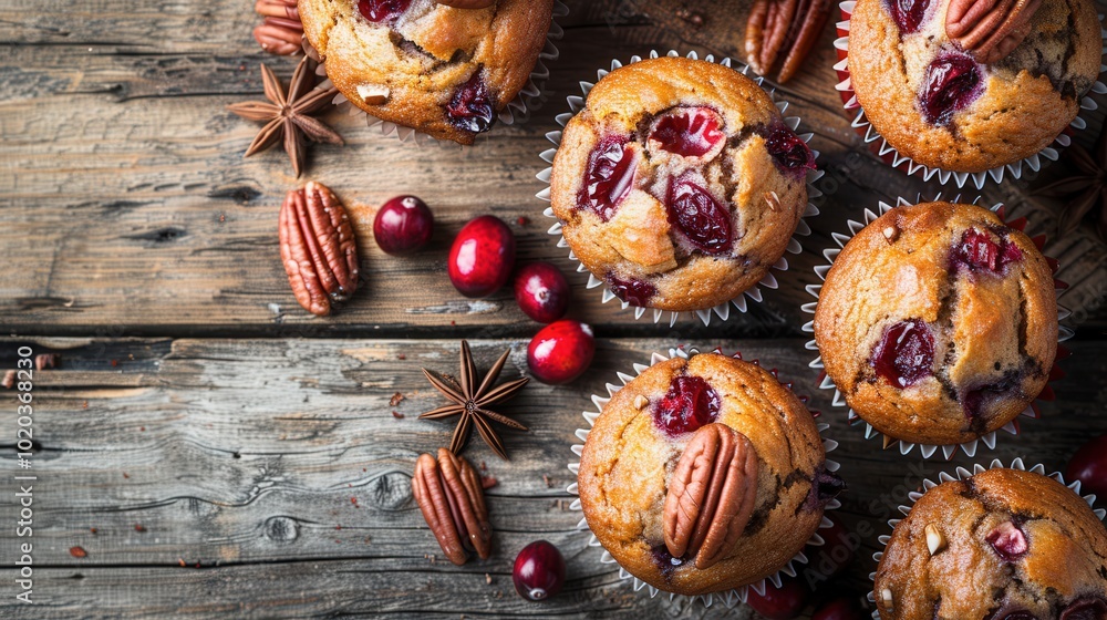 Freshly Baked Cranberry and Pecan Muffins on Rustic Wooden Table Freshly Baked Cranberry and Pecan Muffins on Rustic Wooden Table