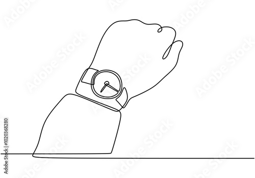 Hand wearing a wristwatch in continuous line drawing. Minimalist illustration for beauty and fashion.