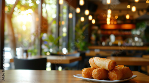 Plate of crispy fried spring rolls on a wooden table, served in a cozy restaurant with a warm atmosphere and natural decor