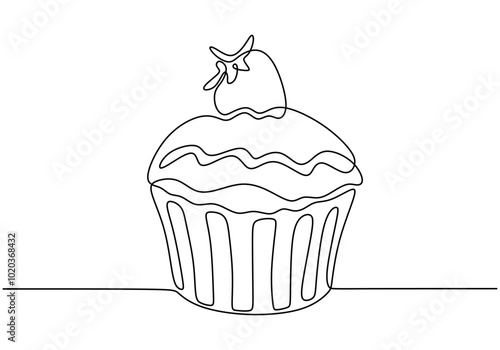 Continuous line drawing of muffin cake with strawberry. Food and drink concept design.