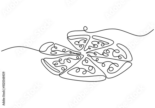Pizza illustrated in continuous line drawing. Minimalist design for food and drink concepts.