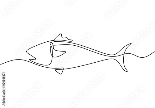 Tuna fish illustrated in continuous line drawing. Minimalist design for food and drink concepts.