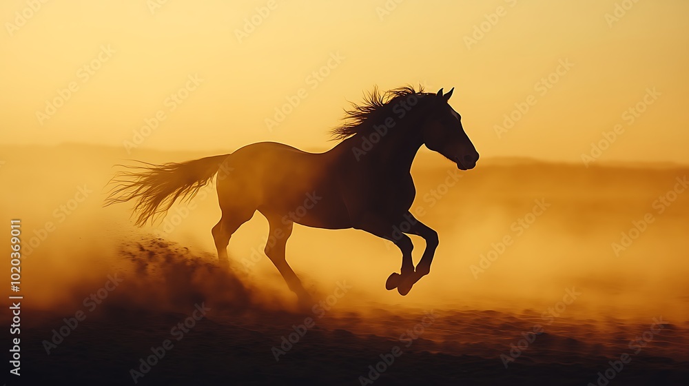 A black horse runs through a field of dust at sunset. A black horse runs through a field of dust at sunset.