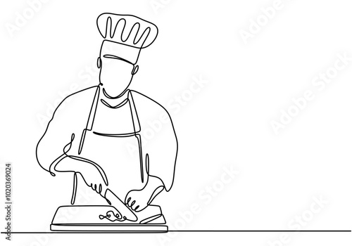 Chef cooking in the kitchen illustrated in continuous line drawing. Food and drink concept design.
