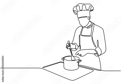 Continuous line drawing of a chef cooking in the kitchen. Illustration for food and drink concepts.