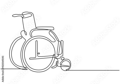 Wheelchair Single Line Drawing. Healthcare and disability care vector art, isolated on white.