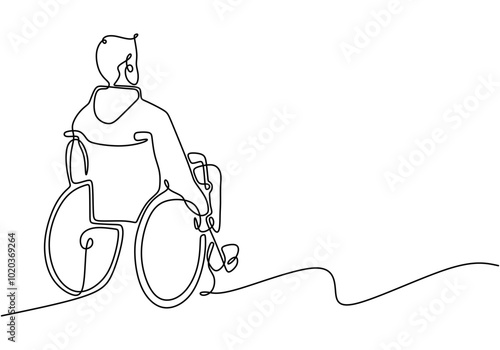 Person in a Wheelchair Line Drawing. Disabled man healthcare illustration, minimalist vector.