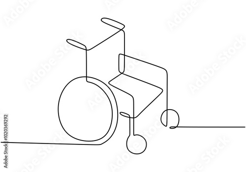 Wheelchair Drawing in One Line. Disability care and healthcare object, minimalist design.