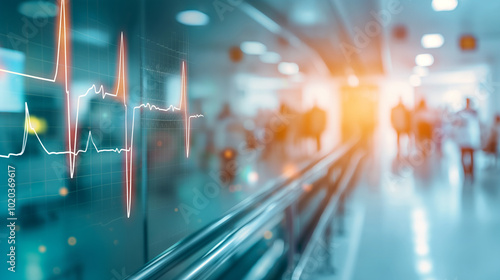 Blurred hospital corridor with overlay of electrocardiogram (ECG) heartbeat line. Modern medical technology and healthcare concept, illustrating patient monitoring and emergency services in a clinical
