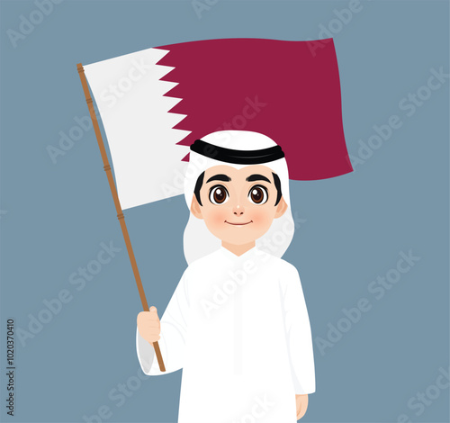 Qatari boy holding flag of Qatar