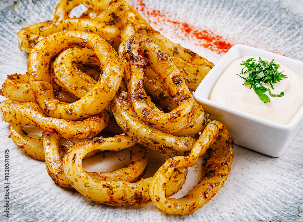 Delicious fried calamari rings served with white sauce and herbs on plate Delicious fried calamari rings served with white sauce and herbs on plate